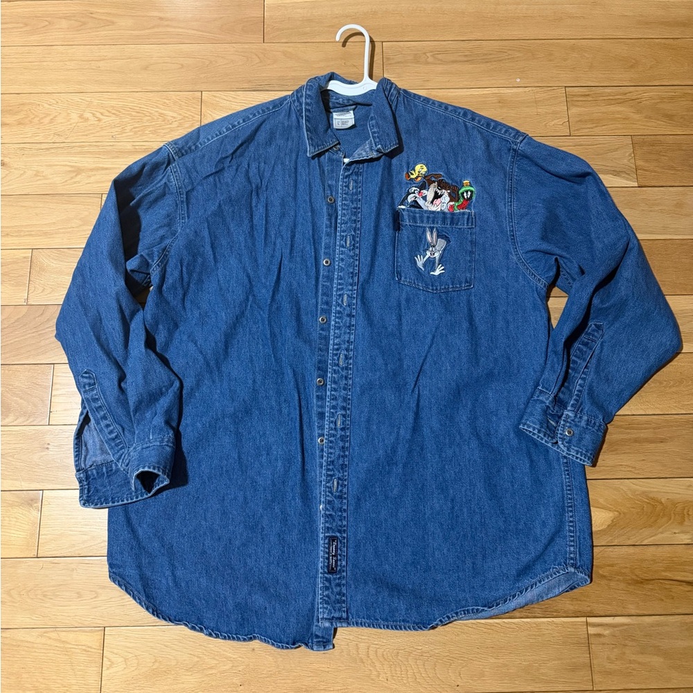 Adult vintage looney tunes embroidered denim long sleeve shirt